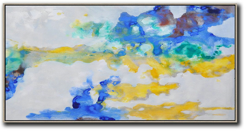 Panoramic Abstract Oil Painting On Canvas,Oversized Art,Grey,Yellow,Blue